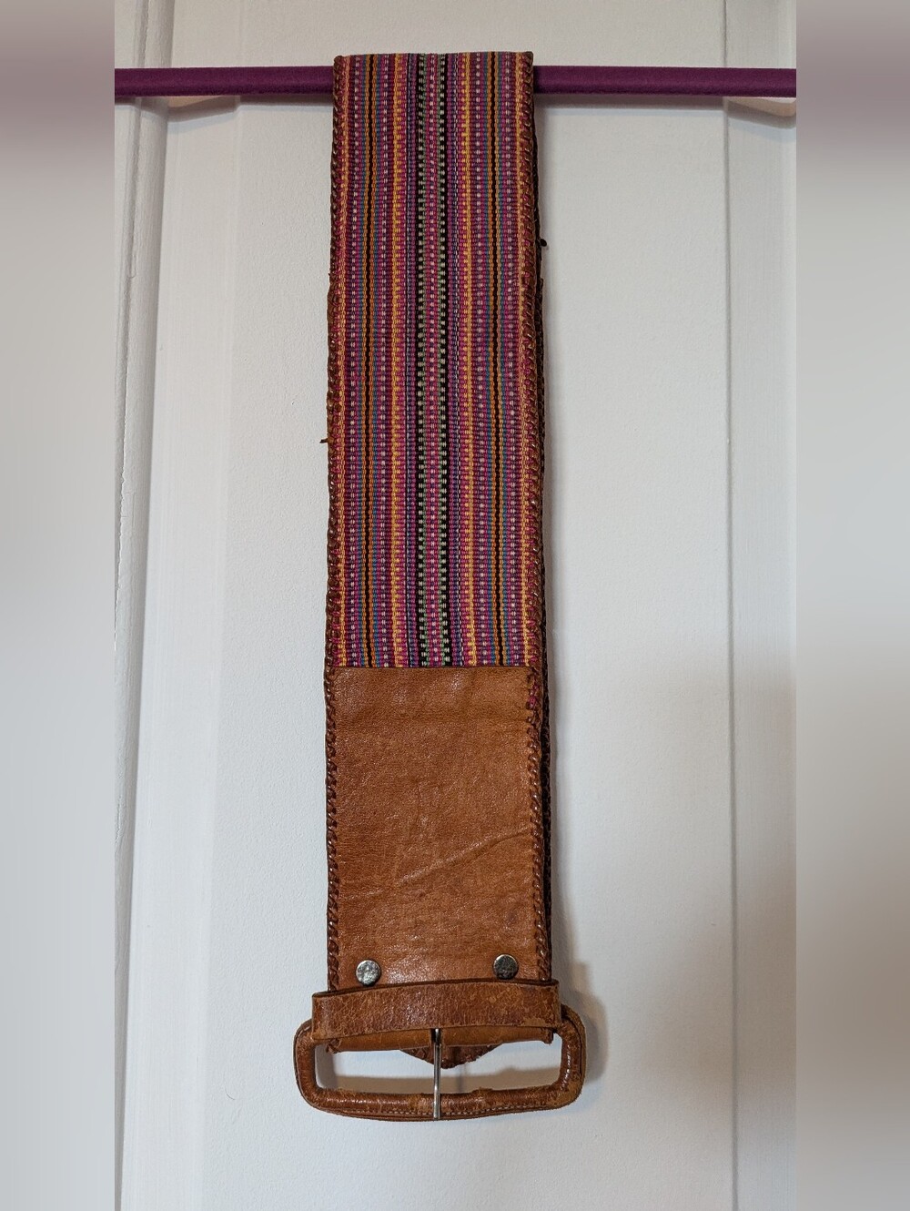 Vintage Women's Hippie Boho Wide Brown Leather & Multicolor Woven Belt